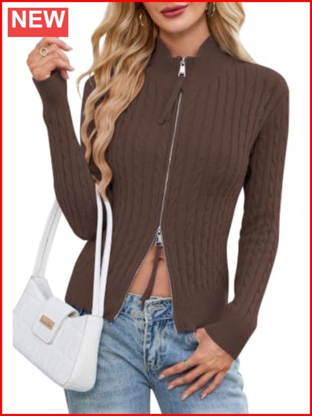 Cable Knit Cardigan Zip Up Sweater Two Way Zipper Mock Neck Long Sleeve